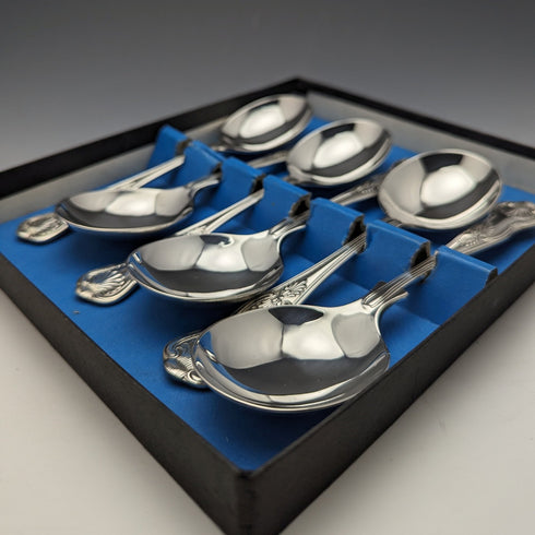 British Vintage Silver Plated Soup Spoons Set of 6 in Osborne Paper Box